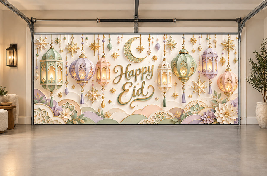 Pastel Eid Lantern Parade Eid al-Fitr interior garage door cover, Two car front view