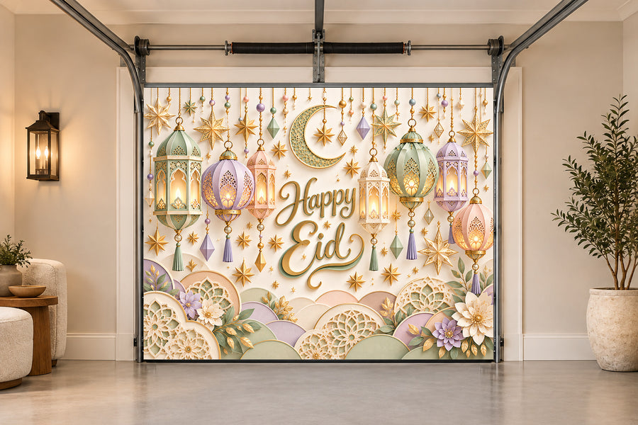 Pastel Eid Lantern Parade Eid al-Fitr interior garage door cover, One car front view