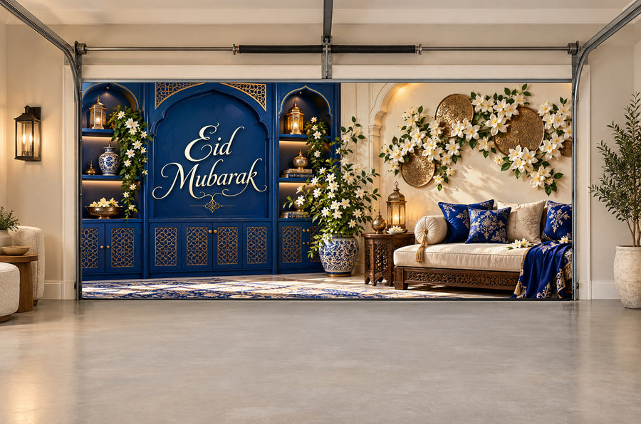 Cobalt Jasmine Salon Eid al-Fitr interior garage door cover, Two car front view