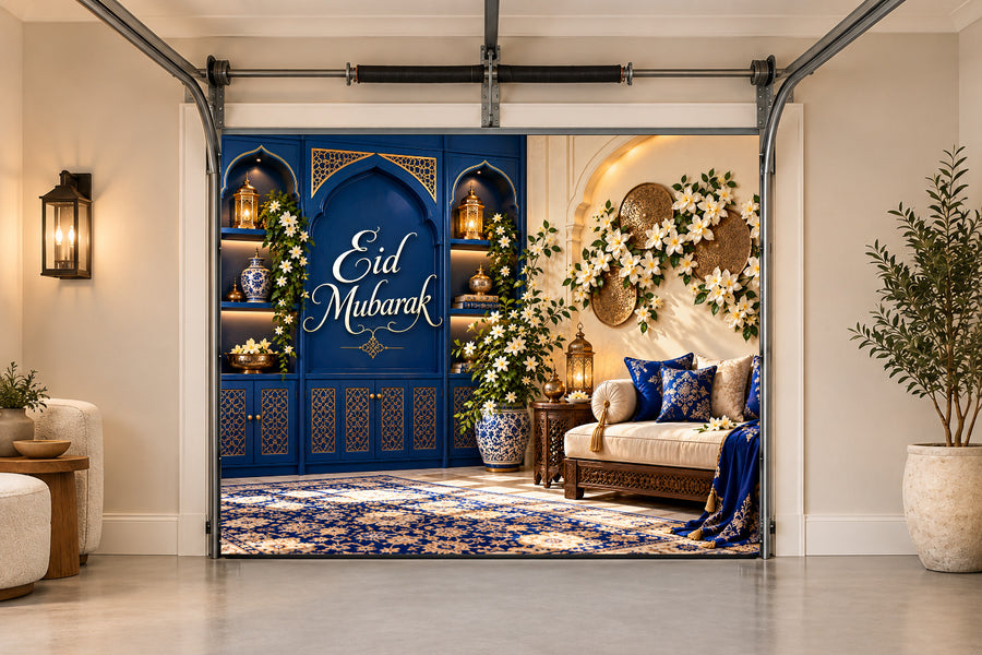 Cobalt Jasmine Salon Eid al-Fitr interior garage door cover, One car front view