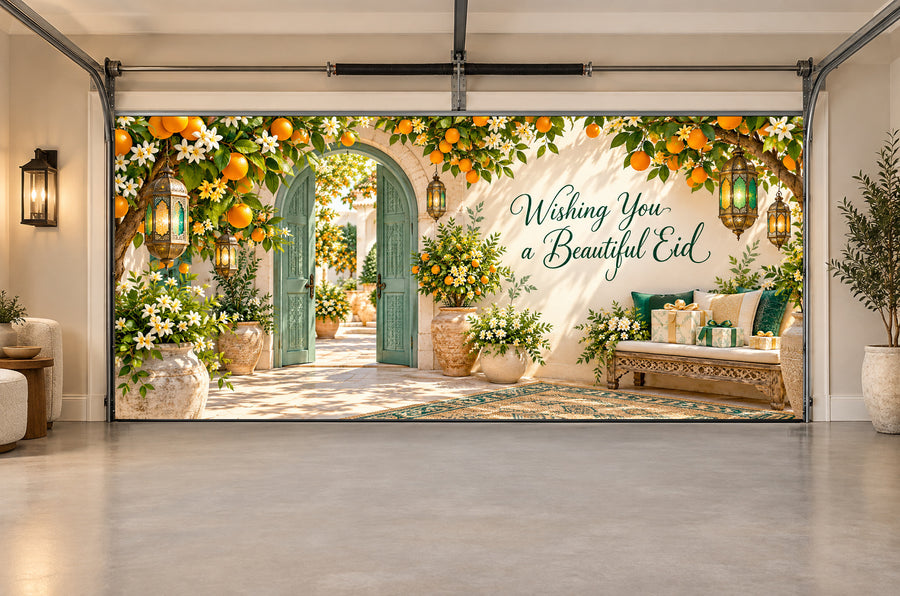 Citrus Eid Courtyard Eid al-Fitr interior garage door cover, Two car front view