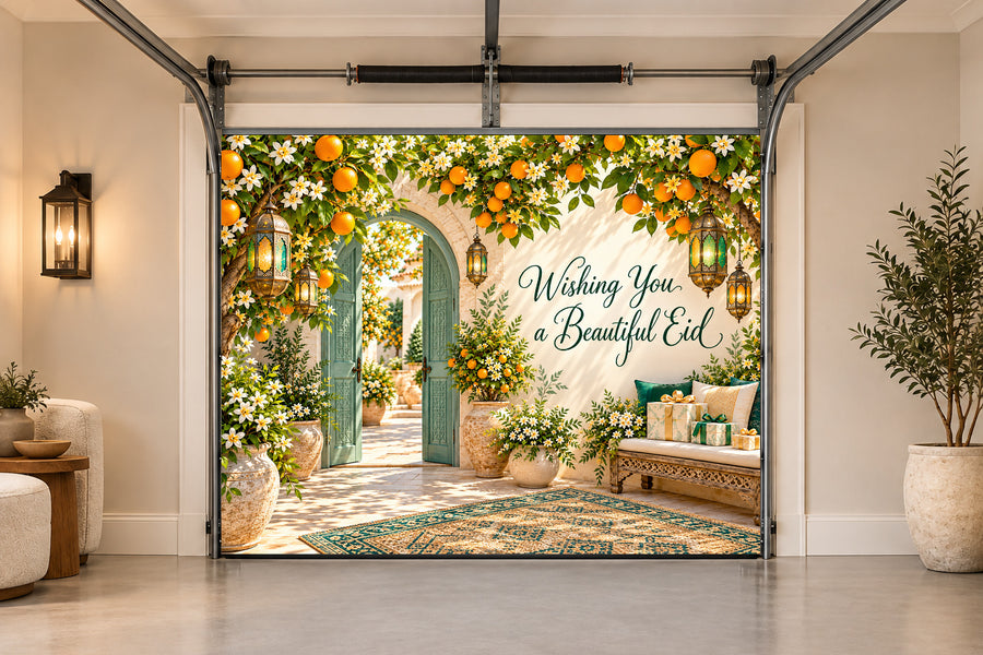 Citrus Eid Courtyard Eid al-Fitr interior garage door cover, One car front view