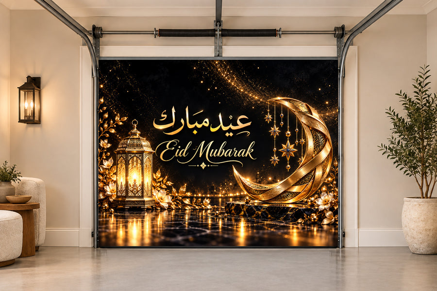 Obsidian Crescent Radiance Eid al-Fitr interior garage door cover, One car front view