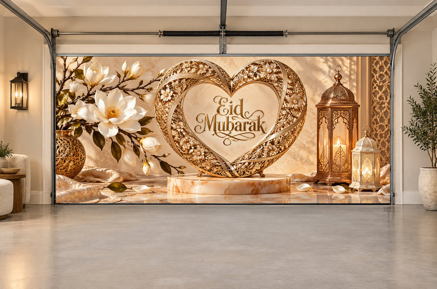 Lace Heart Celebration Eid al-Fitr interior garage door cover, Two car front view