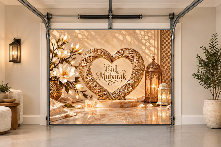 Lace Heart Celebration Eid al-Fitr interior garage door cover, One car front view