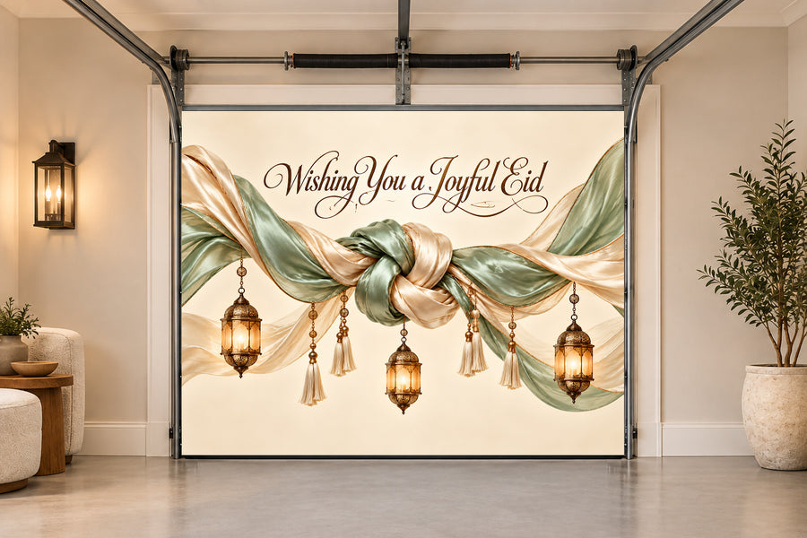 Celadon Silk Celebration Knot Eid al-Fitr interior garage door cover, One car front view