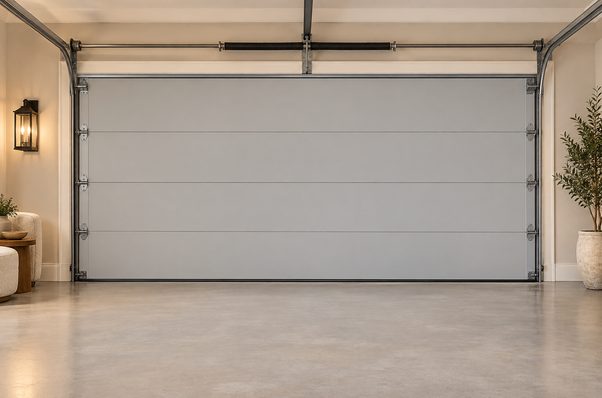 The same interior garage with a plain garage door before adding the cover