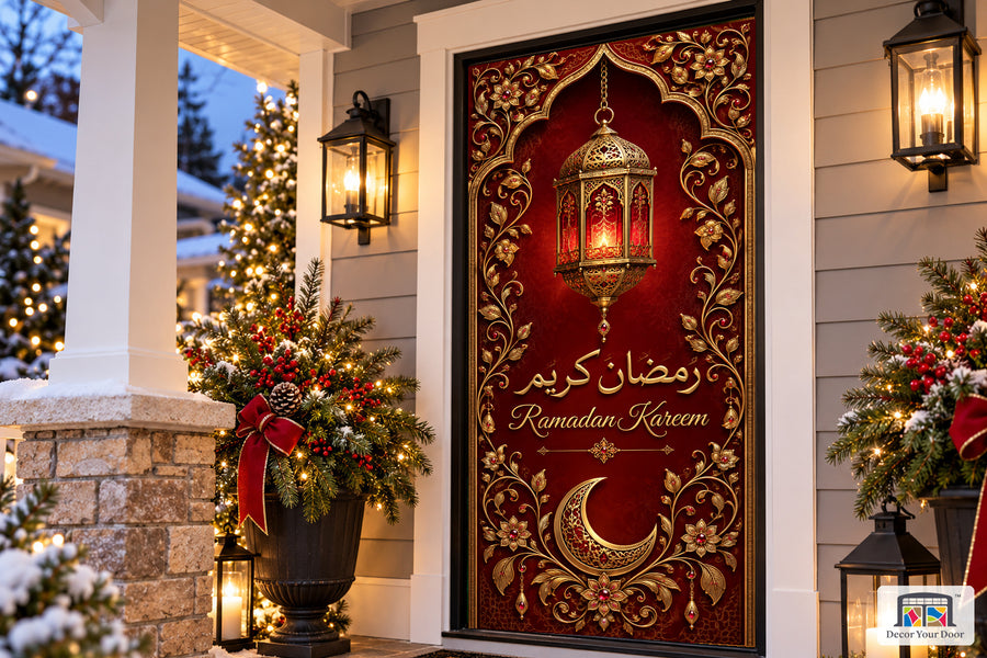 Ruby Lantern Welcome Ramadan front door cover, Angled house view, handle covered