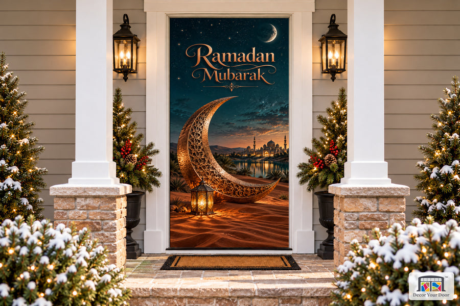 Bronze Dune Welcome Ramadan front door cover, Front house view, handle covered