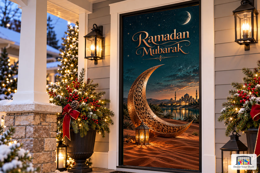 Bronze Dune Welcome Ramadan front door cover, Angled house view, handle covered