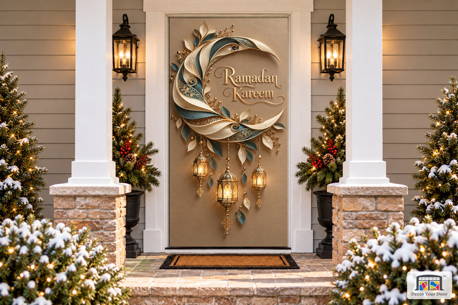 Pearl Ribbon Moon Ramadan front door cover, Front house view, handle covered
