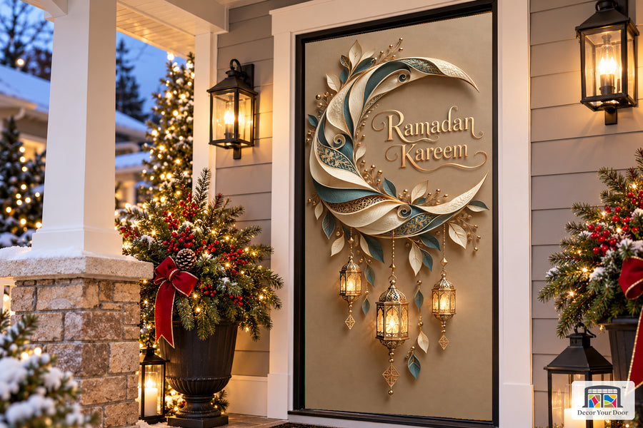 Pearl Ribbon Moon Ramadan front door cover, Angled house view, handle covered