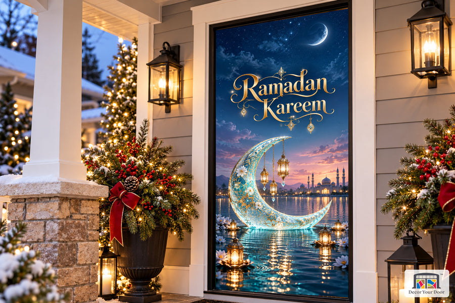 Aqua Tidal Welcome Ramadan front door cover, Angled house view, handle covered