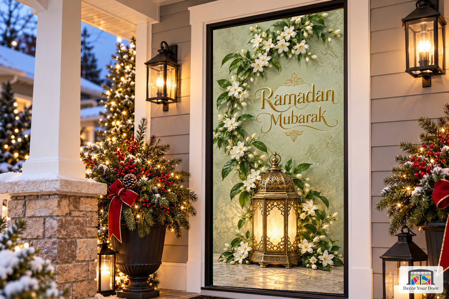Jasmine Fanoos Welcome Ramadan front door cover, Angled house view, handle covered