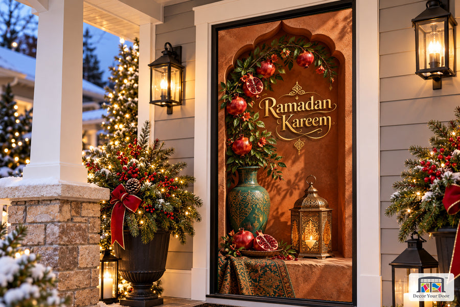 Pomegranate Copper Welcome Ramadan front door cover, Angled house view, handle covered