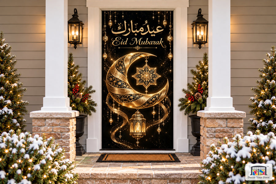 Obsidian Eid Welcome Eid al-Fitr front door cover, Front house view, handle covered