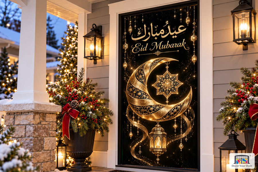 Obsidian Eid Welcome Eid al-Fitr front door cover, Angled house view, handle covered