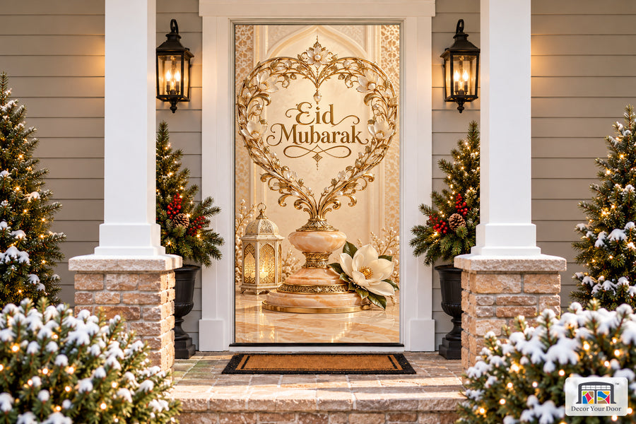 Lace Heart Welcome Eid al-Fitr front door cover, Front house view, handle covered