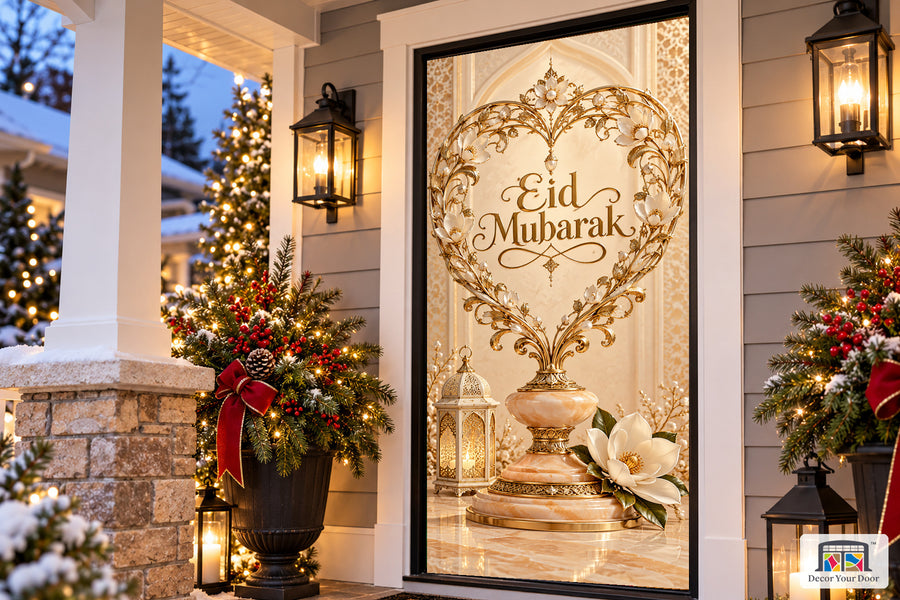 Lace Heart Welcome Eid al-Fitr front door cover, Angled house view, handle covered