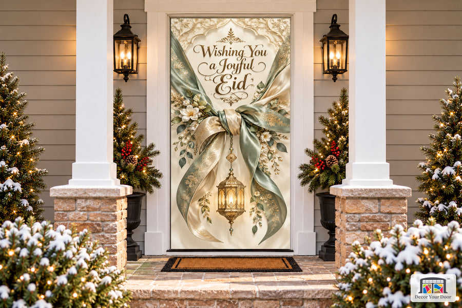 Celadon Silk Eid Welcome Eid al-Fitr front door cover, Front house view, handle covered