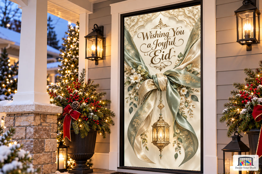 Celadon Silk Eid Welcome Eid al-Fitr front door cover, Angled house view, handle covered