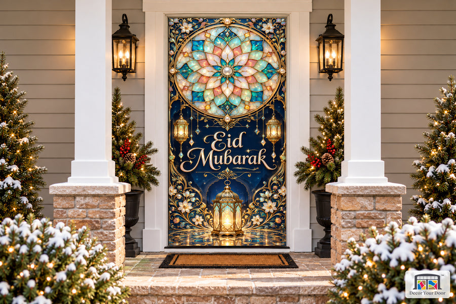 Opal Rosette Welcome Eid al-Fitr front door cover, Front house view, handle covered