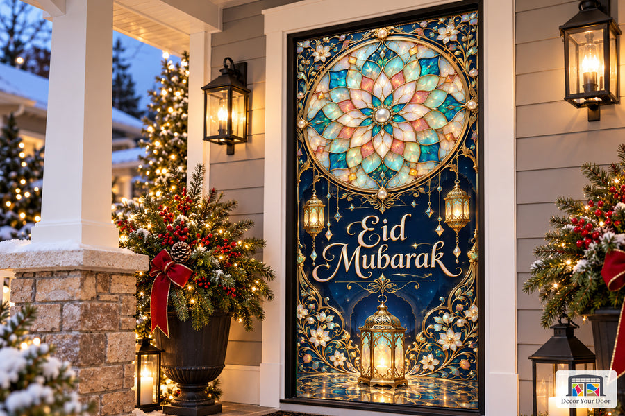 Opal Rosette Welcome Eid al-Fitr front door cover, Angled house view, handle covered