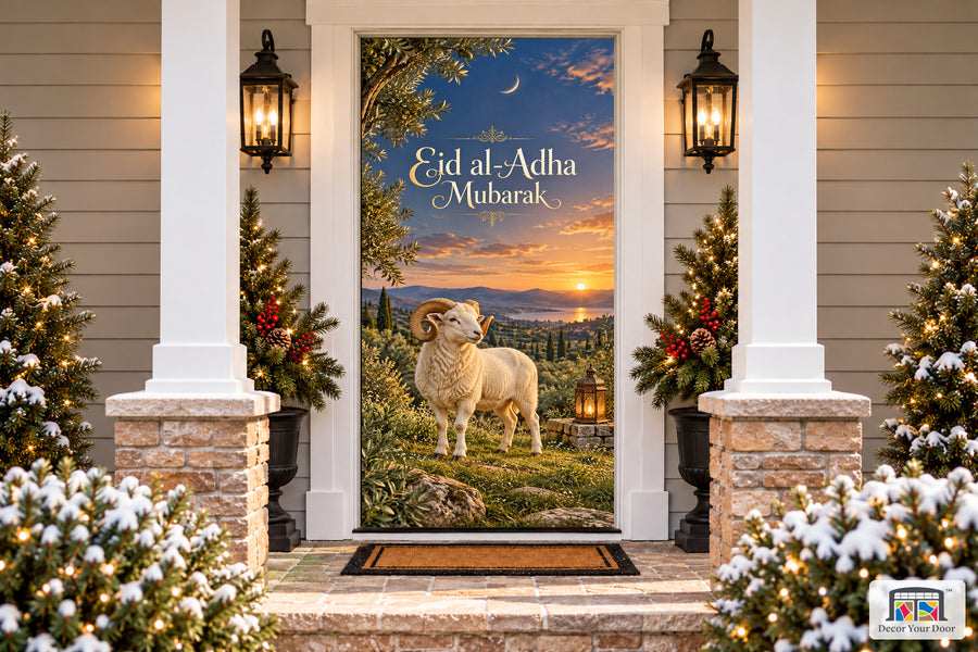 Olive Meadow Eid Welcome Eid al-Adha front door cover, Front house view, handle covered