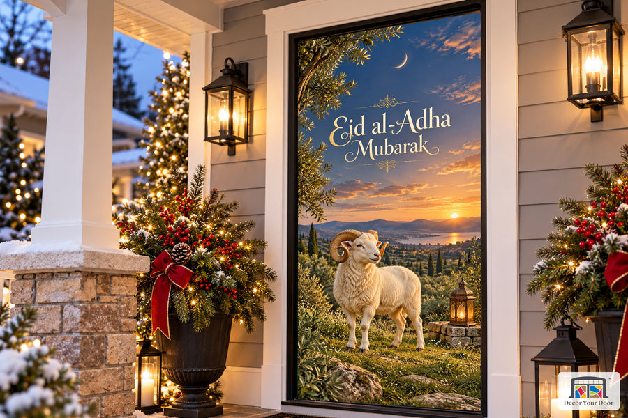 Olive Meadow Eid Welcome Eid al-Adha front door cover, Angled house view, handle covered