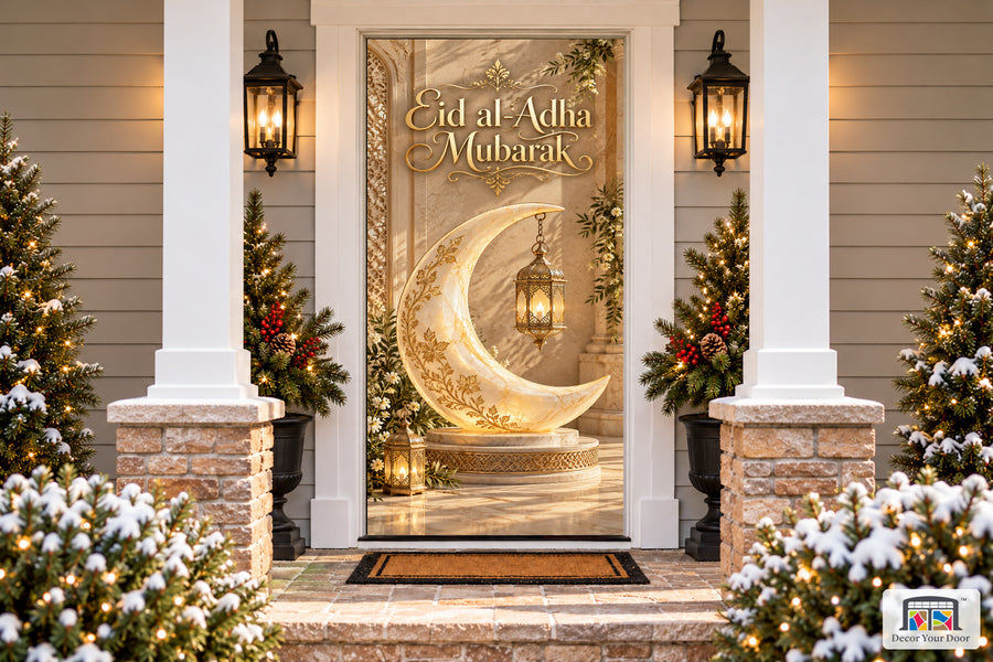 Alabaster Lantern Welcome Eid al-Adha front door cover, Front house view, handle covered