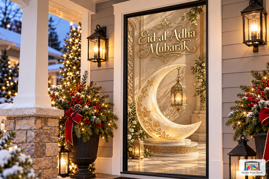 Alabaster Lantern Welcome Eid al-Adha front door cover, Angled house view, handle covered