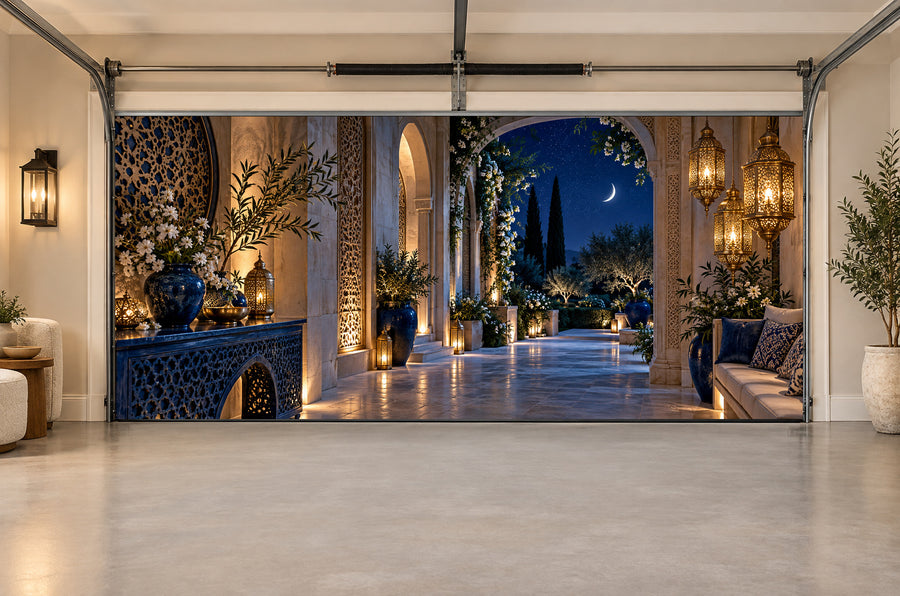 Sapphire Lantern Passage Ramadan interior garage door cover, Two car front view