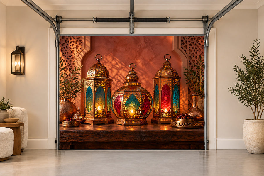 Copper Fanoos Workshop Ramadan interior garage door cover, One car front view