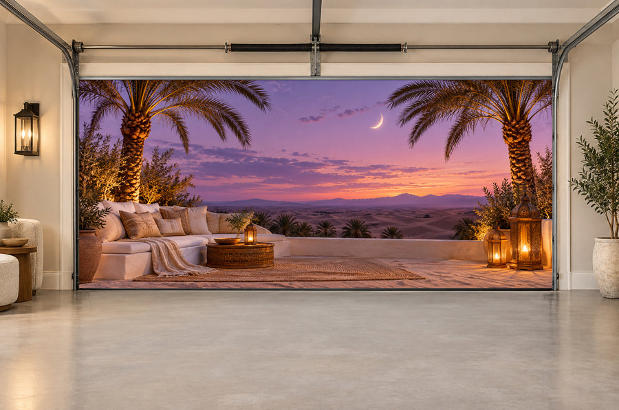 Moonlit Palm Terrace Ramadan interior garage door cover, Two car front view