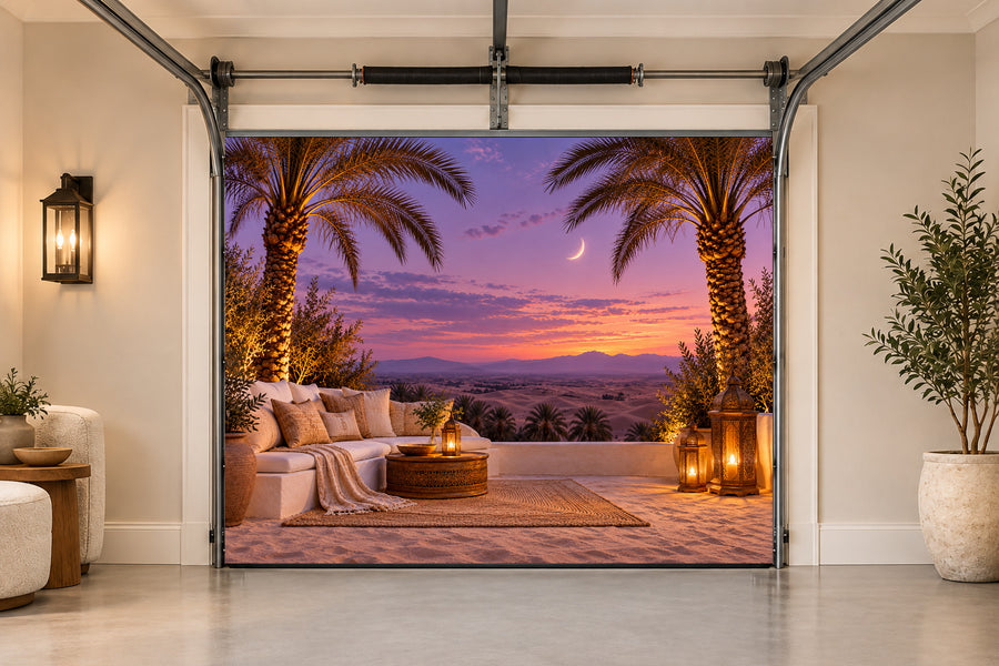 Moonlit Palm Terrace Ramadan interior garage door cover, One car front view