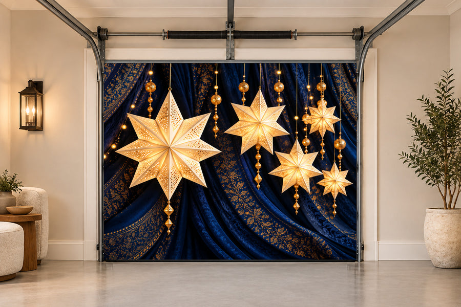 Indigo Star Lantern Canopy Ramadan interior garage door cover, One car front view