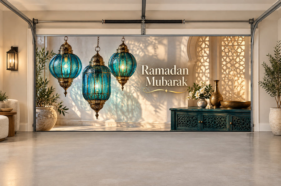 Turquoise Glass Evening Ramadan interior garage door cover, Two car front view