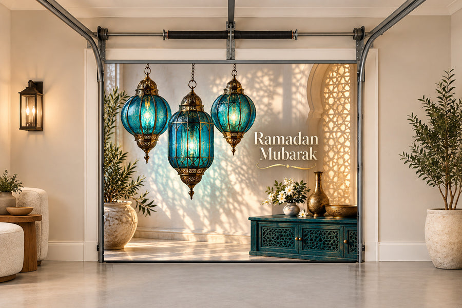 Turquoise Glass Evening Ramadan interior garage door cover, One car front view