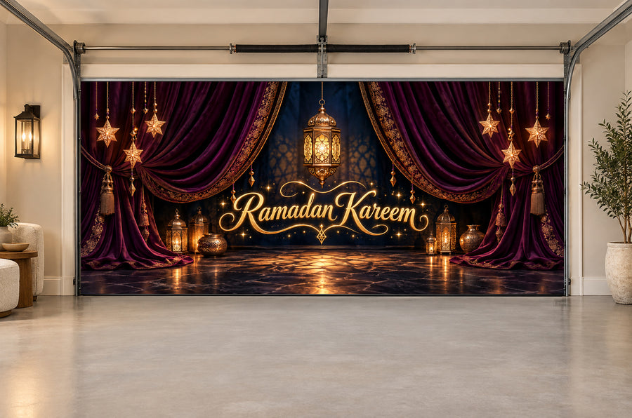 Velvet Midnight Drapery Ramadan interior garage door cover, Two car front view