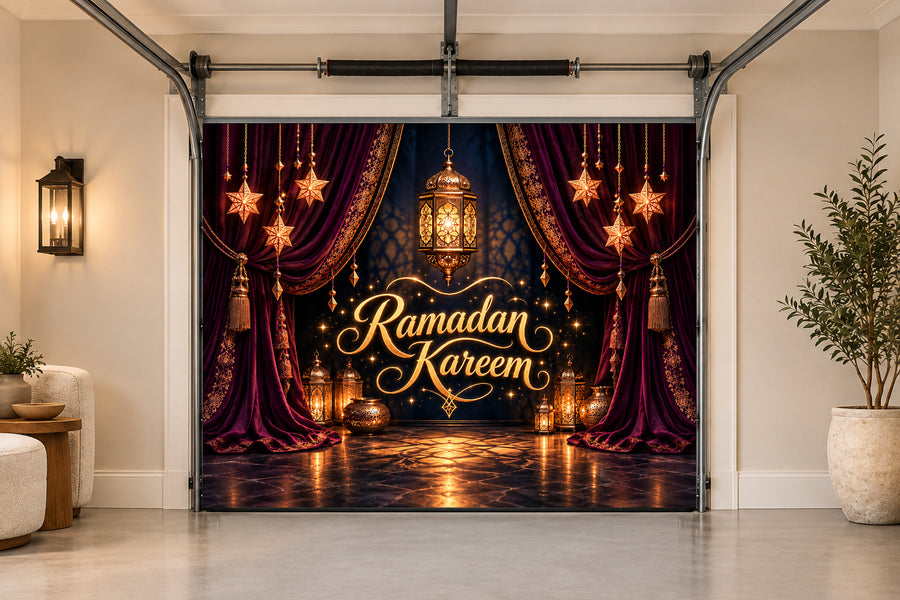 Velvet Midnight Drapery Ramadan interior garage door cover, One car front view