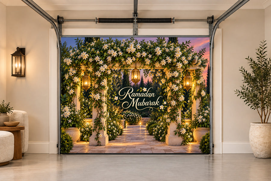 Jasmine Lantern Garden Ramadan interior garage door cover, One car front view