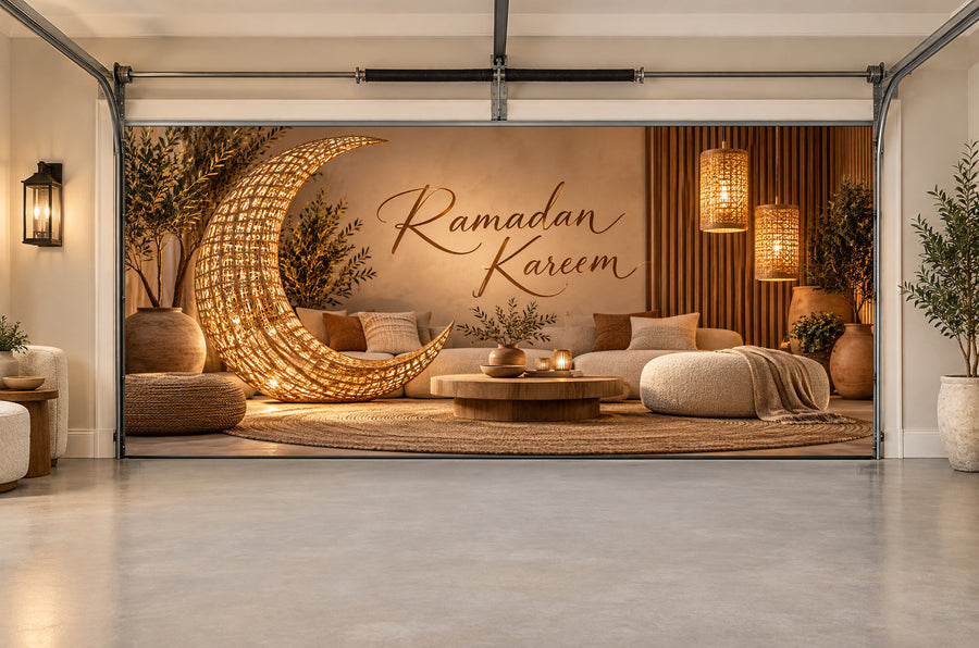 Woven Light Haven Ramadan interior garage door cover, Two car front view