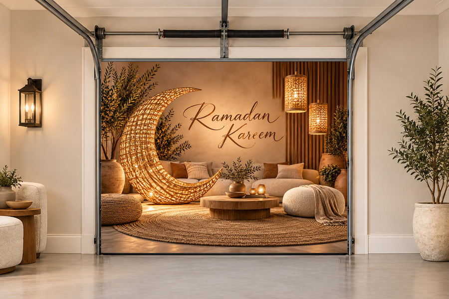 Woven Light Haven Ramadan interior garage door cover, One car front view