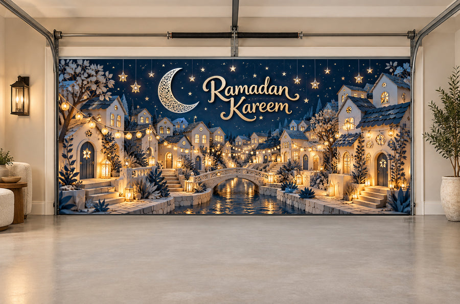 Starlight Paper Village Ramadan interior garage door cover, Two car front view