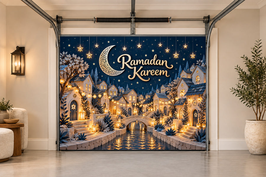 Starlight Paper Village Ramadan interior garage door cover, One car front view
