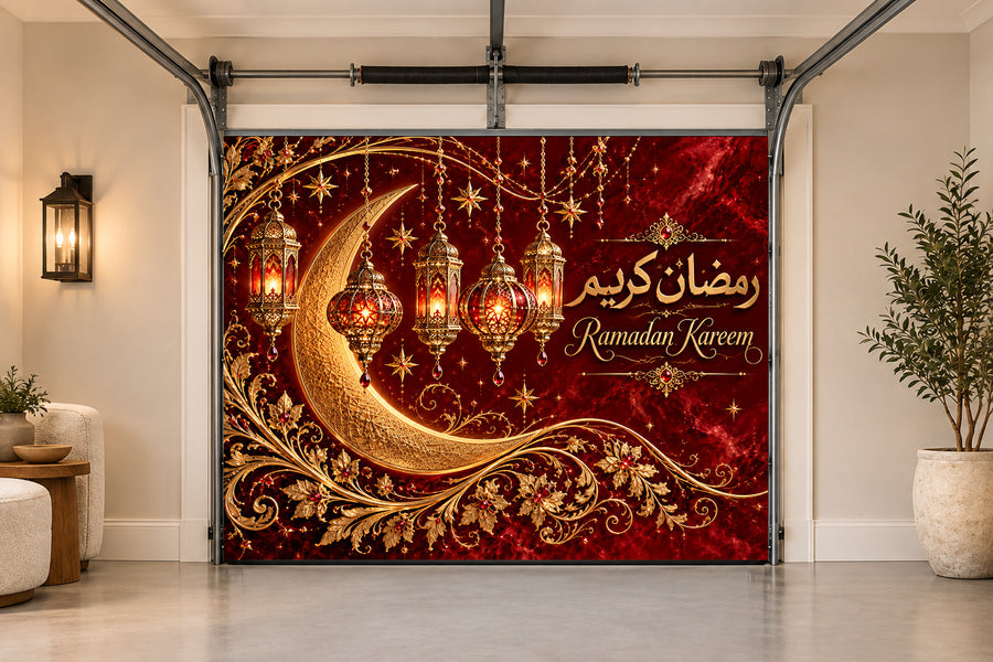 Ruby Celestial Filigree Ramadan interior garage door cover, One car front view
