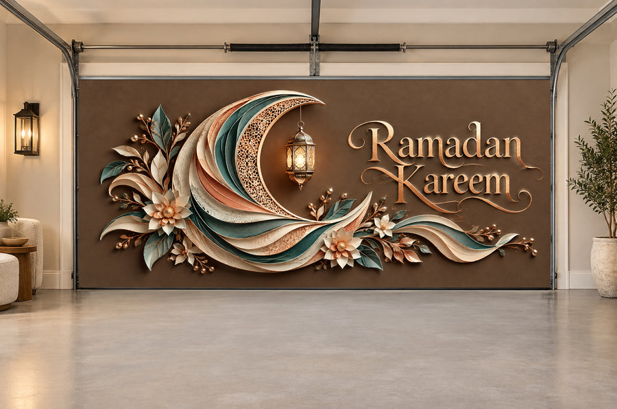 Folded Moon Reverie Ramadan interior garage door cover, Two car front view