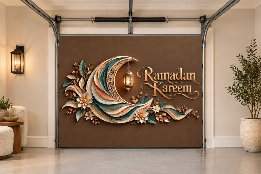 Folded Moon Reverie Ramadan interior garage door cover, One car front view