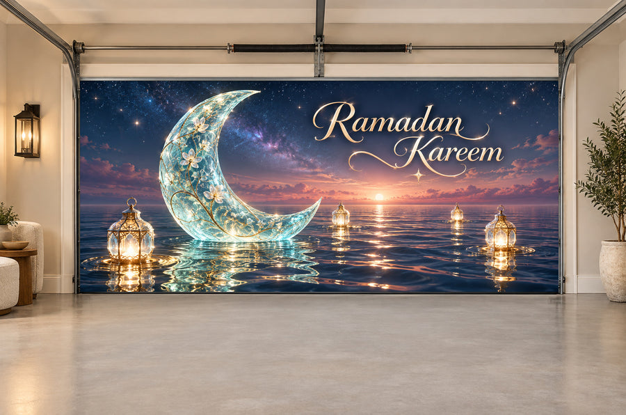 Starglass Tidal Moon Ramadan interior garage door cover, Two car front view
