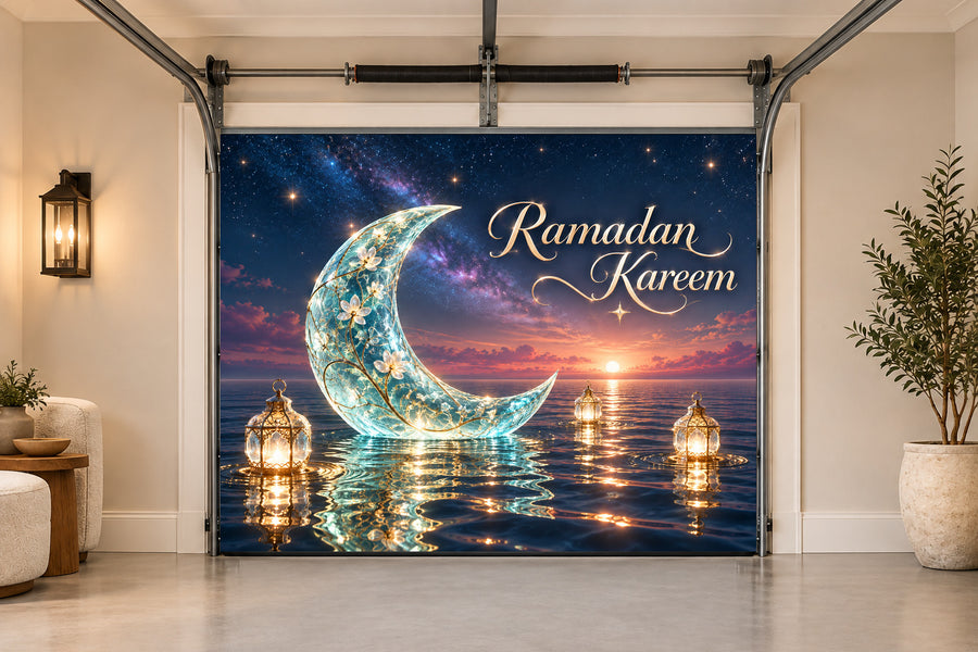 Starglass Tidal Moon Ramadan interior garage door cover, One car front view